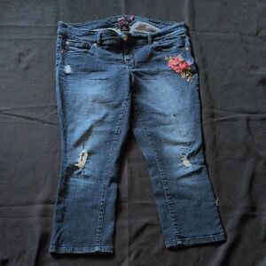 torrid Dark Blue Distressed Jeans with Pink Floral Embroidery